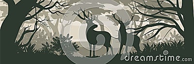 Silhouette. Two wild deer reindeer in a forest Vector Illustration